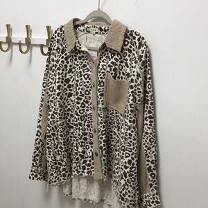 POL Leopard Print Button-Front Jacket with Knit Trim - Beige
